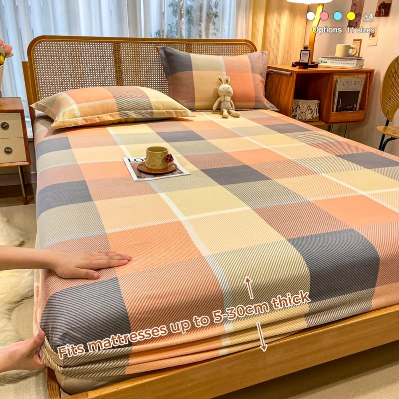 Plaid Fitted Sheet, Soft Vintage Grid Mattress Cover Fits 5-30cm Thick Mattresses, Bed Protector Bedding for Bedroom & Hotel Use