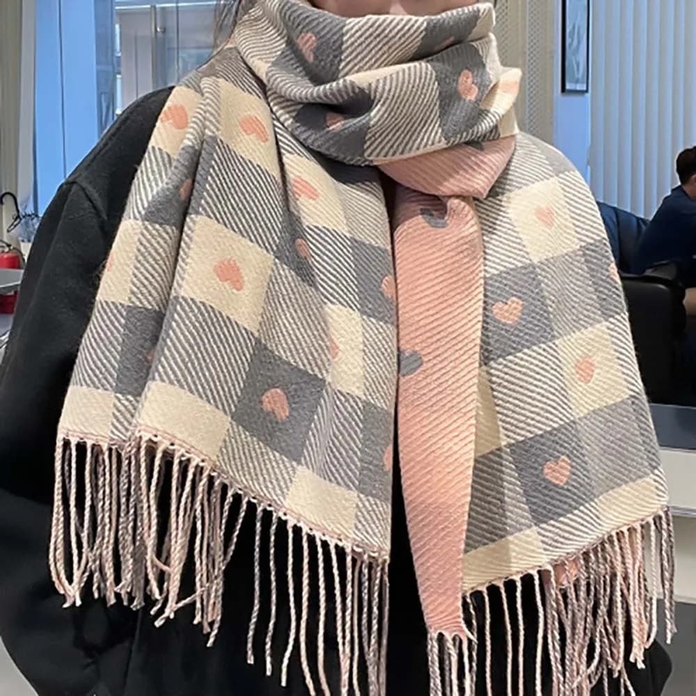 Large Acrylic Fibers Plaid Knitted Scarf Warmer Long Heart Thickened Scarf Soft Classic Tassel Shawl Men