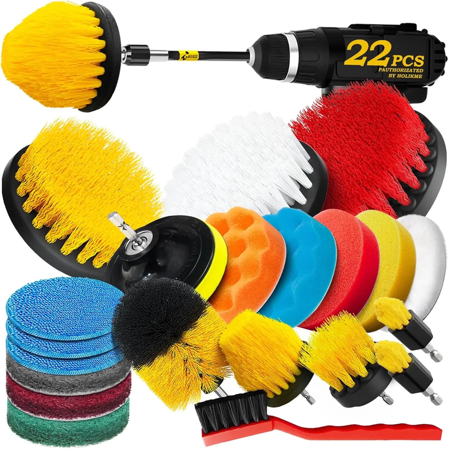 Set di 22 Spazzole per Trapano per Pulizia, Lucidatura e Ceratura - Include Tamponi Abrasivi, Spugne e Tamponi Lucidanti