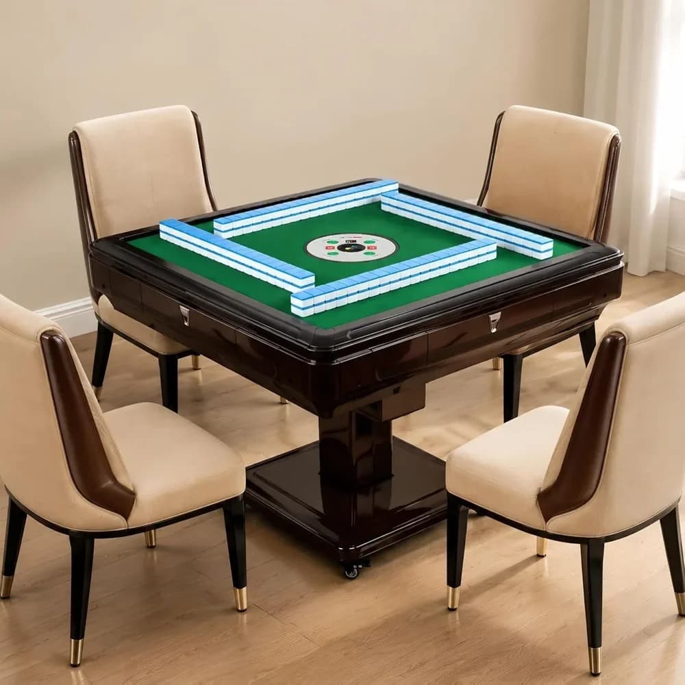 Foldable Automatic Mahjong Table with Wheels, 2 Tile Sets, Cup Holders for 4 Player Game, Home & Outdoor, Brown, Custom