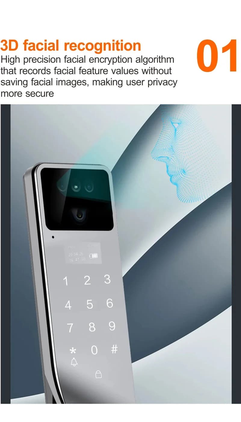Smart Fully Automatic Door Lock 3D Face Recognition Card Camera for Multi-Material Doors-Tuya Smart Life App Wi-Fi