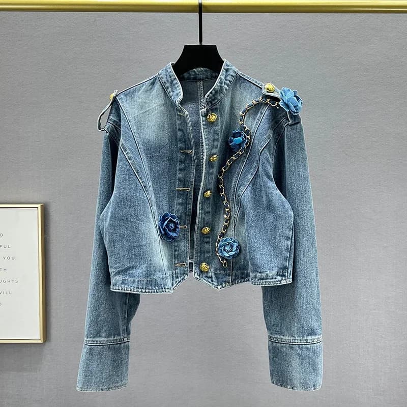 2026 Spring Autumn Fashion Flower Decoration Short Denim Jacket Women Blue Coat Stand Collar Long Sleeve Jeans Jacket Streetwear