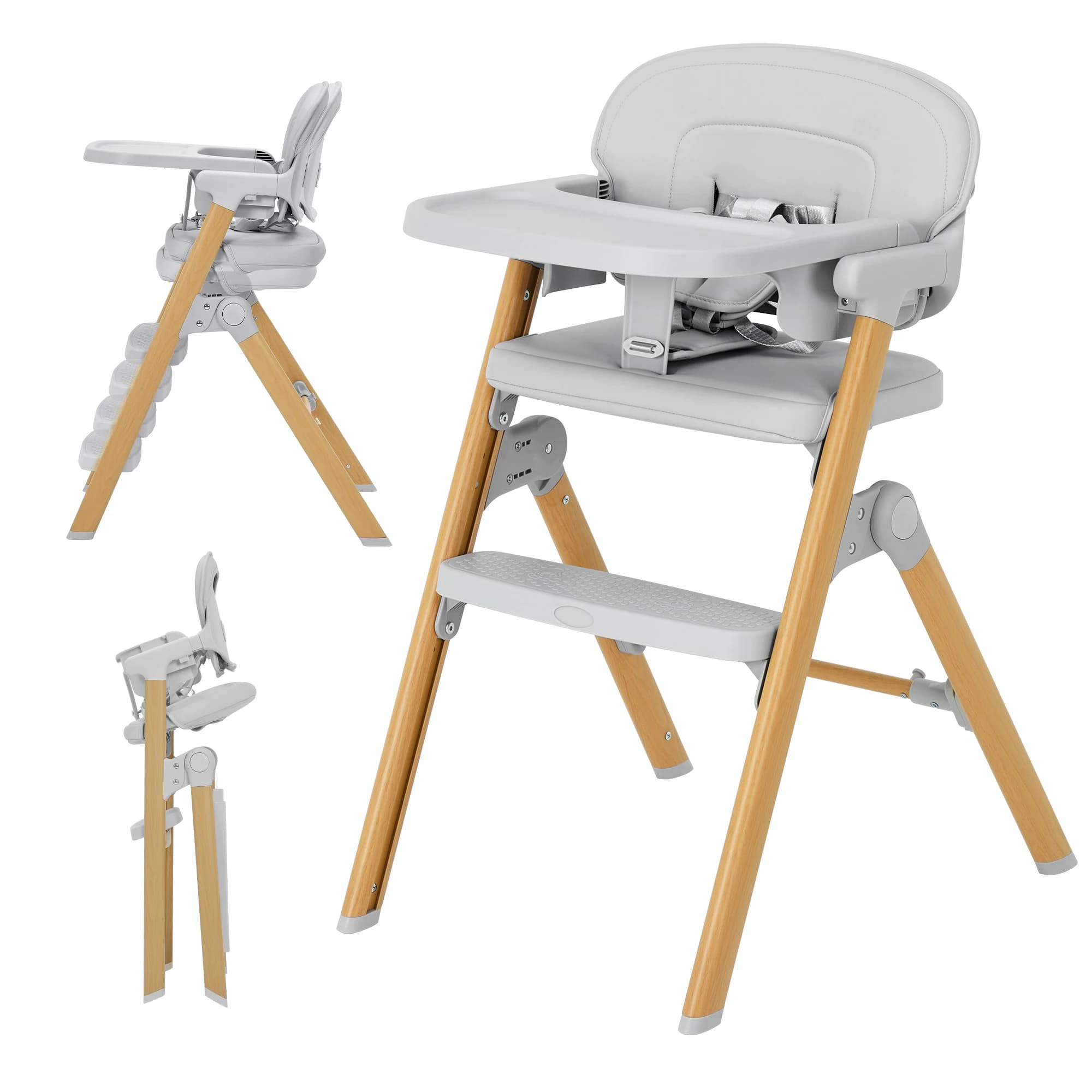 Baby High Chair for Babies Toddlers, Foldable Portable Highchair, Toddler Feeding Seat, Easy Clean Waterproof Cushion, Removable Tray, Adjustable Footrest, Black Wood Grain Legs