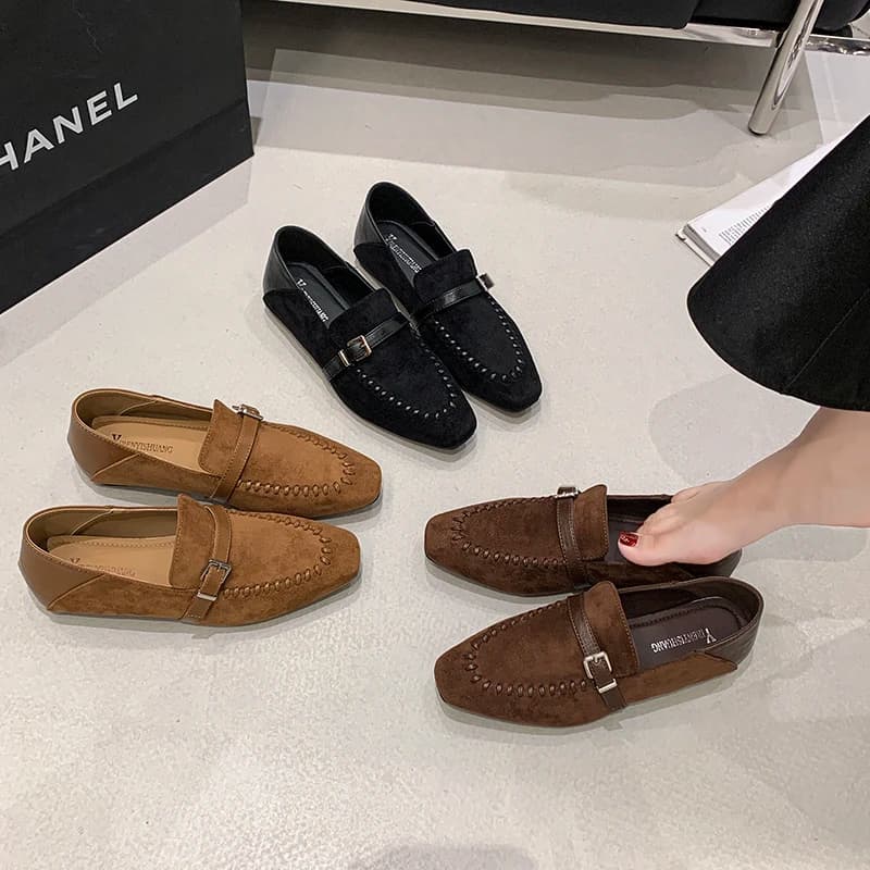 Women Suede Loafers Metal Buckle Strap Flat Slip On Shoes Round Toe Hand Stitching Camel Two Tone Daily Office Walking Footwear