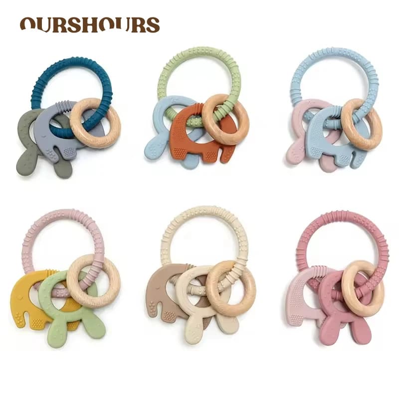 Giocattoli per la dentizione del bambino Anello in legno di silicone Massaggiagengive BPA gratuito Simpatico elefante Neonati Giocattolo da masticare per ragazzi e ragazze Regali per neonati