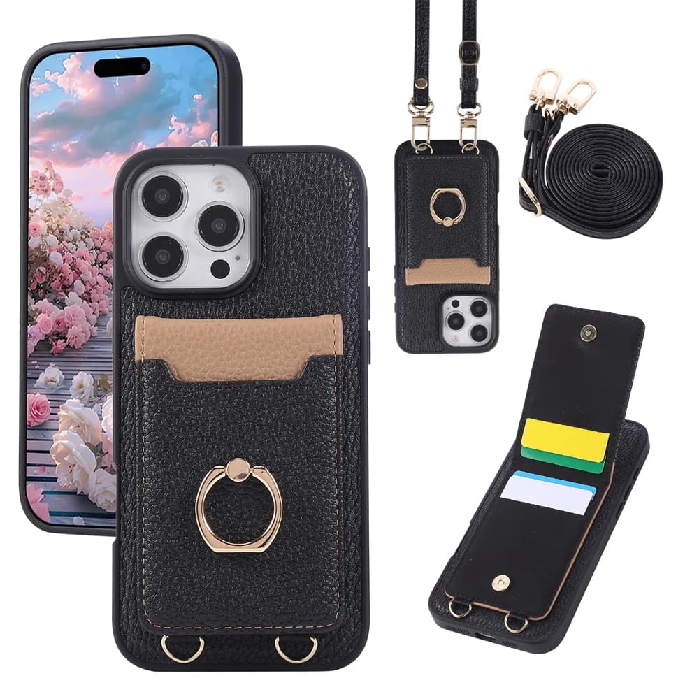 Portafoglio a tracolla con porta carte Custodia per telefono per IPhone 16E 16 15 Plus 14 13 12 11 Pro Max Custodia protettiva in pelle con staffa ad anello