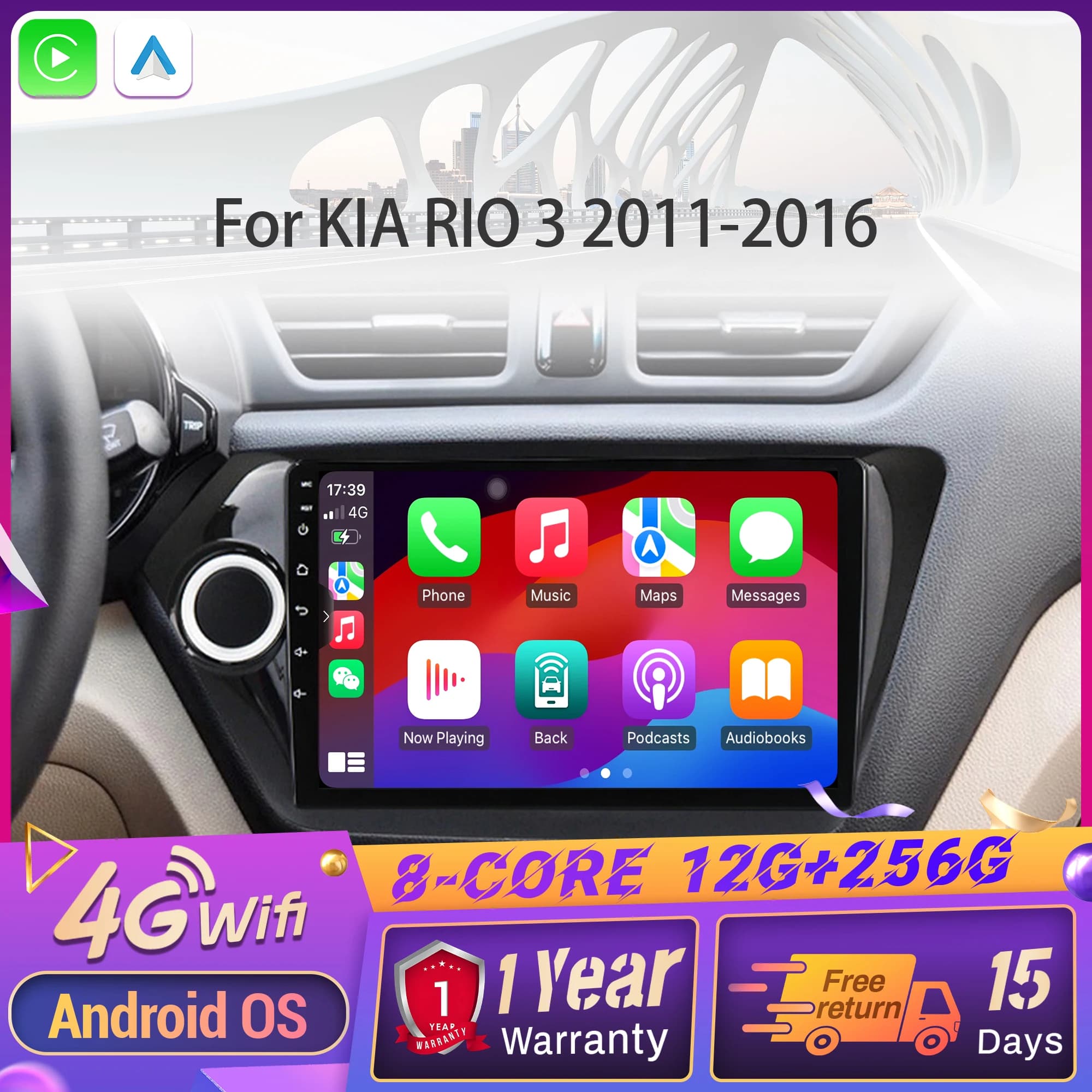 For KIA RIO 3 2011-2016 Android 14 Car Radio Multimedia Navigation 4G GPS Wireless CarPlay Touch Screen Bluetooth Stereo