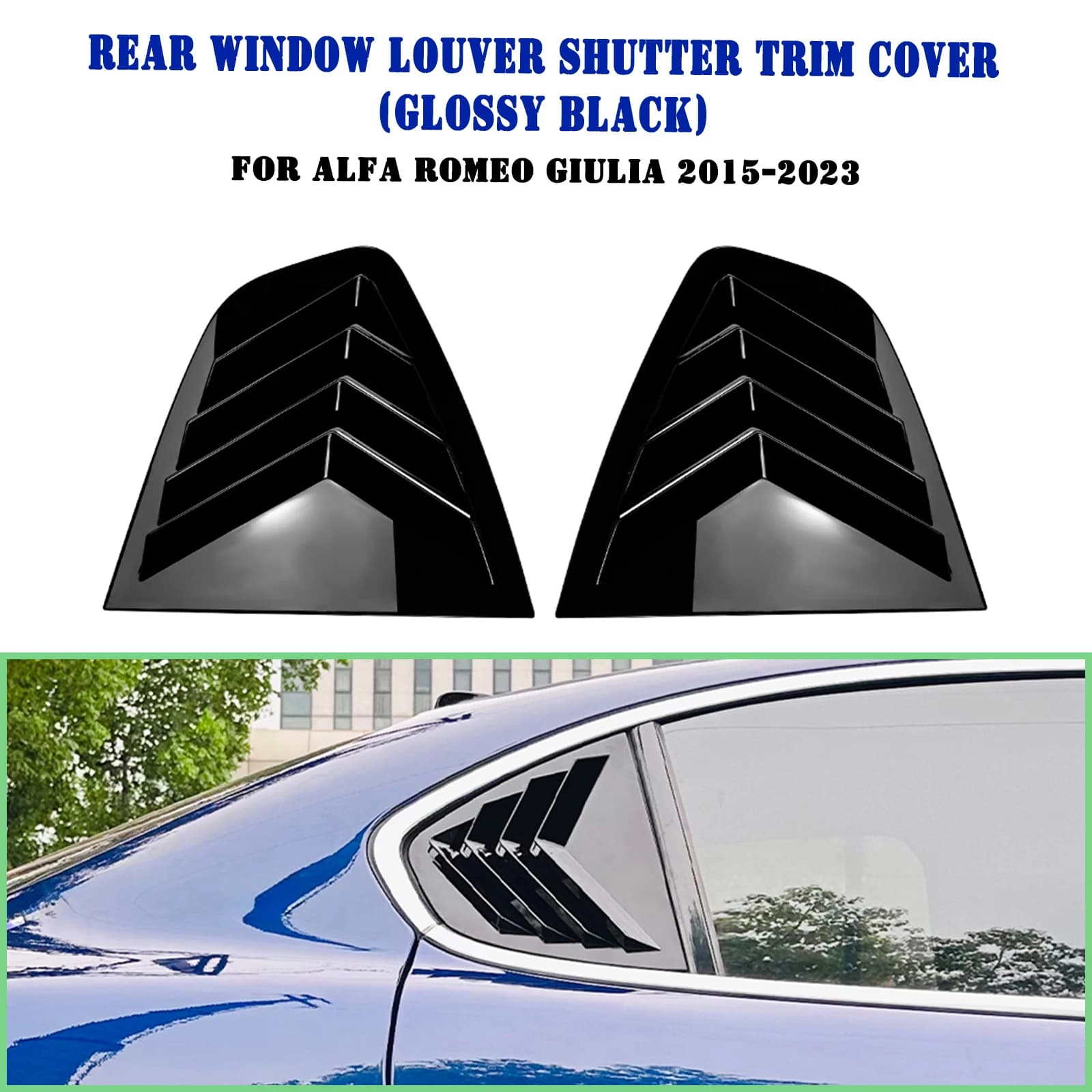 For Alfa Romeo Giulia 2015-2024 Rear Side Window Louver Shutter Trim Cover Carbon Fiber Look/Gloss Black Windshield Sun Shade