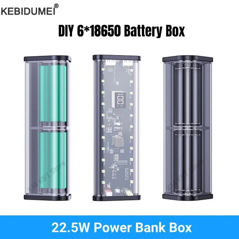 Custodia trasparente per banca di potere 6 * 18650 Custodia per batteria con porta USB di tipo C a ricarica rapida da 22,5 W per iPhone Samsung