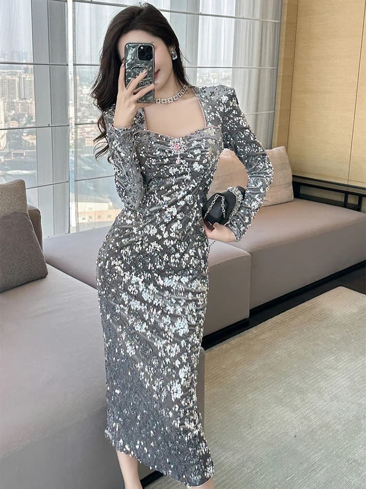 Abiti da ballo eleganti Vintage donna velluto grigio paillettes luminose manica lunga aderente Midi Robe Femme Party Vestidos Lady Clothes