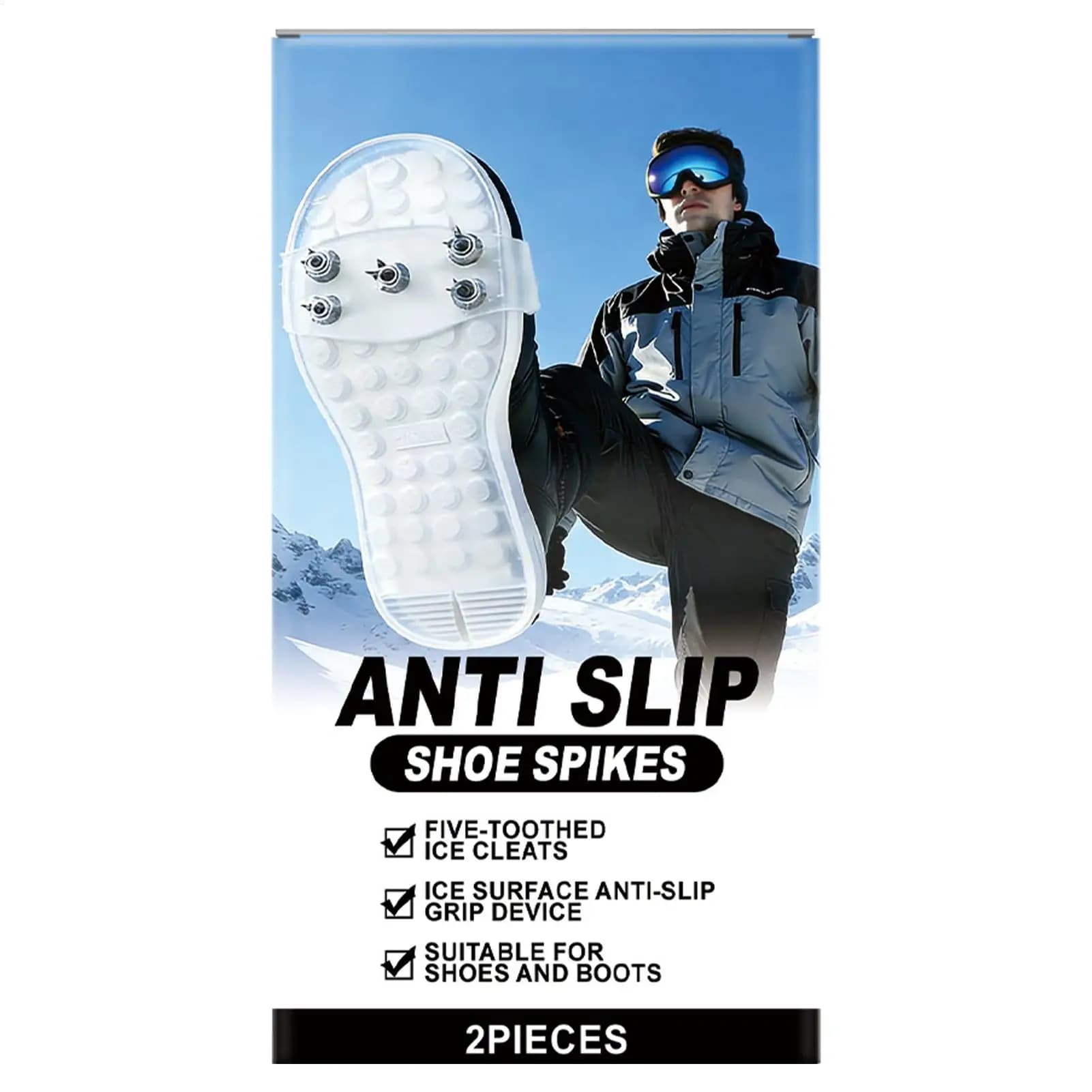 2 Piece Universal Ice Cleats Non-Slip Portable Winter Spikes for Shoes Boots Hiking Rock Climbing Fishing Mountaineering Safety