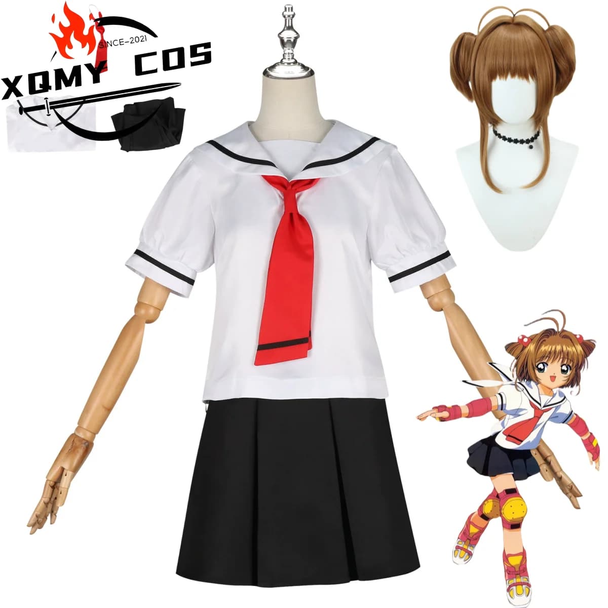 XqAnime Card Captor Sakura Kinomoto Sakura Costume Cosplay Uniform Summer School Shirt Woman Kawaii Campus Marine Dress