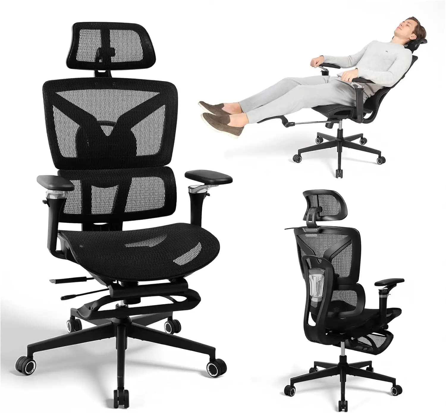 Ergonomic Office Chair with Footrest, 5D Adjustable Armrests, Lumbar Support, Mesh Reclining Swivel Chair, Adjustable Seat Depth, Big and Tall