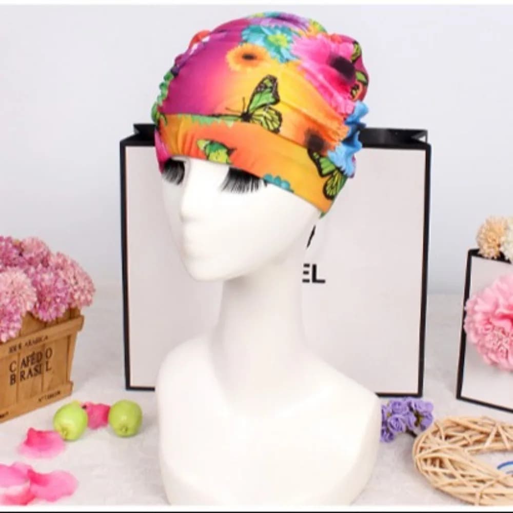 Printed Fabric Oversized Swimming Cap Breathable Long Hair Hot Spring Swimming Cap Ear Protection Free Size Bathing Cap Bathe