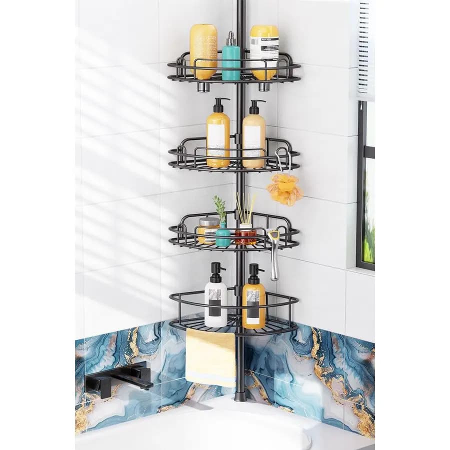 4 level angle shower shelf with tension rod, anti-rust, for tenants, without drilling, large adjustable shampoo holder