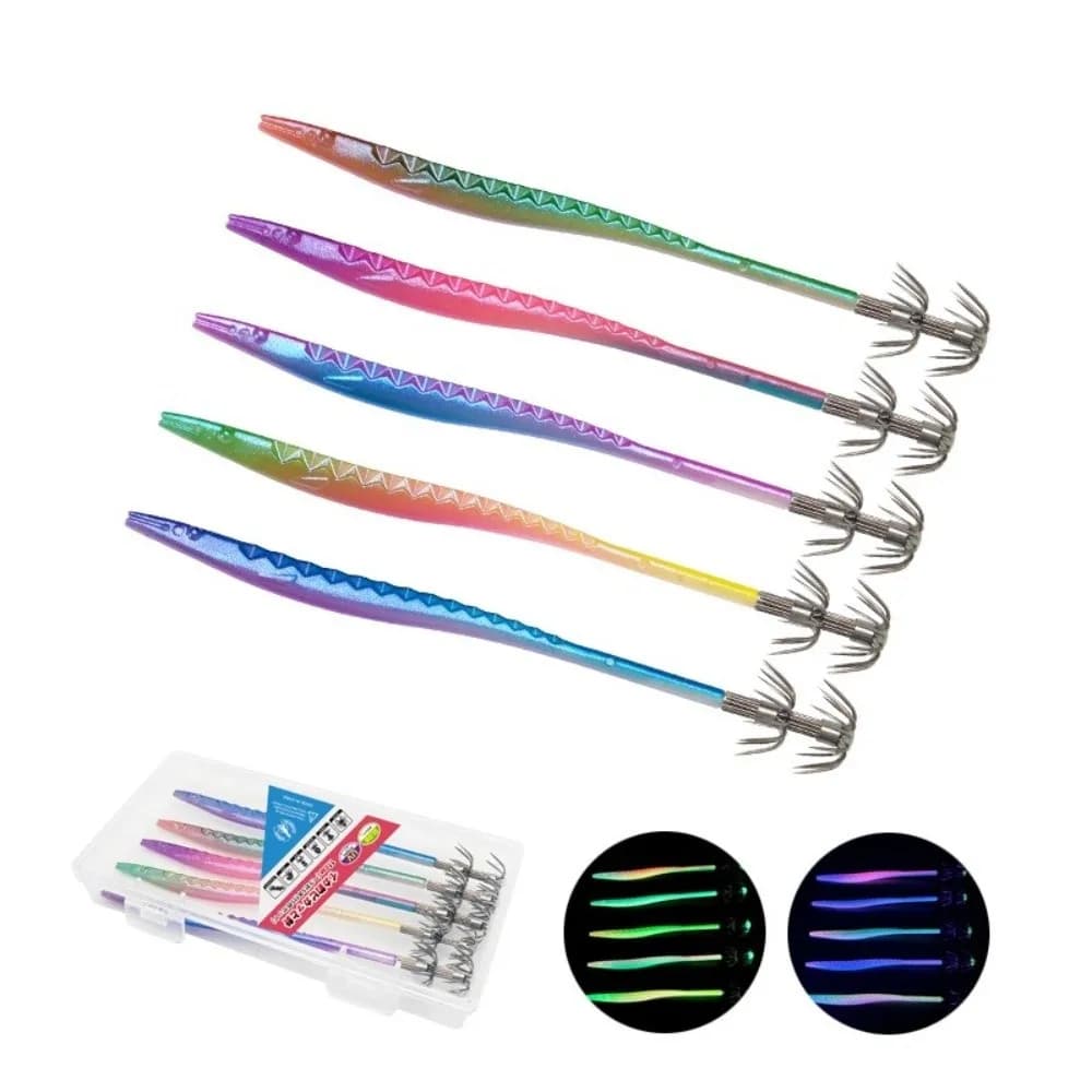 5pcs 5Pcs Set UV Luminous Squid Jig Lures Gradient Color 11cm Length Egi Bait Lures UV Luminous Tackle Box Included