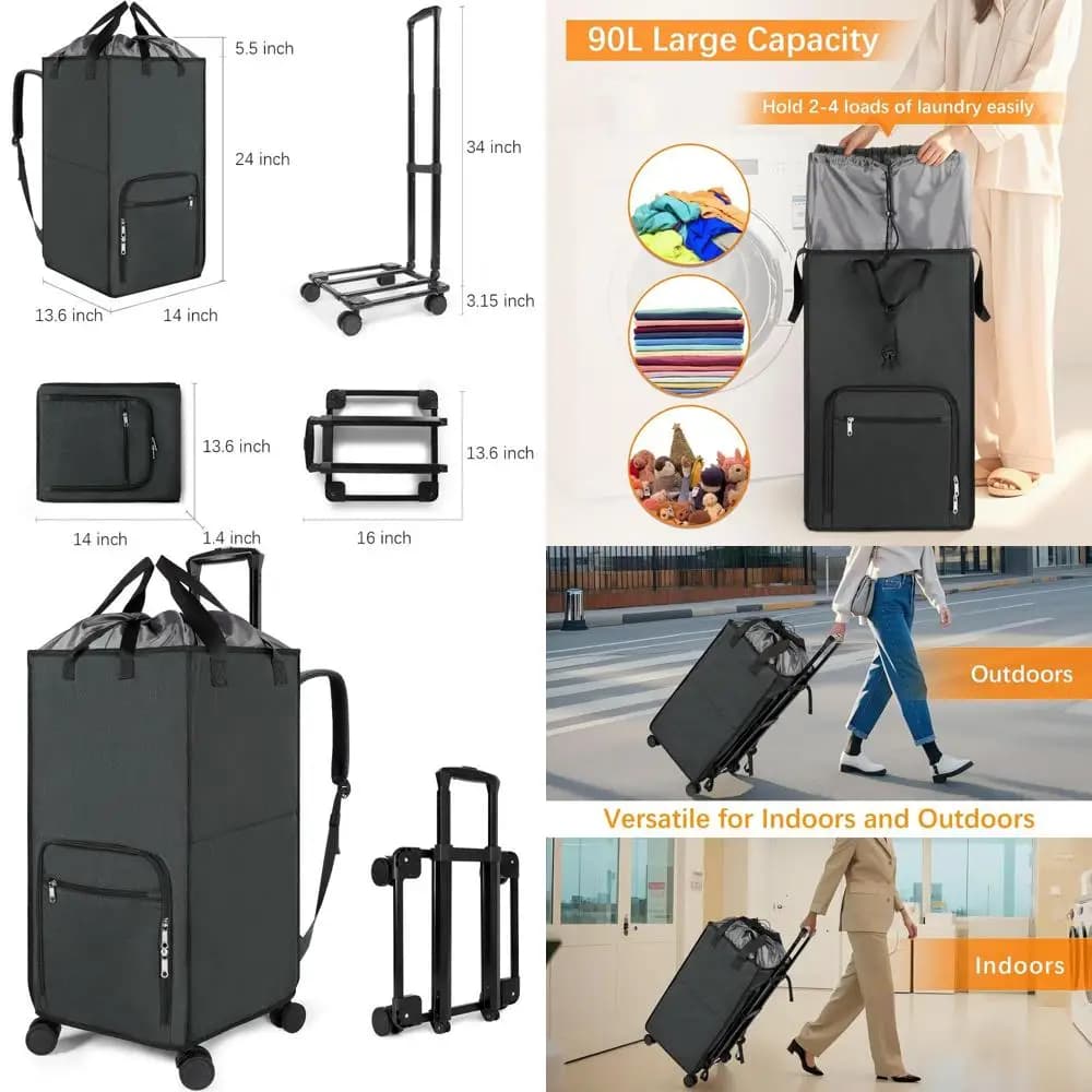 Zaino Portabiancheria 3-in-1 da 90L con Ruote, Cesto Pieghevole e Carrello Rimovibile per Lavanderie e Dormitori