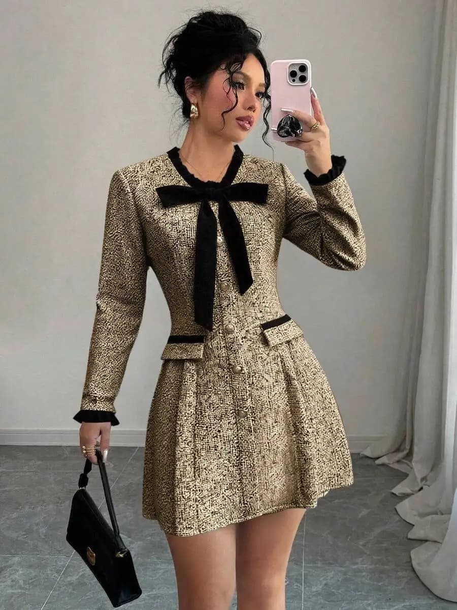 Abito da donna in tweed a maniche lunghe con colletto a fiocco nero e gonna a pieghe