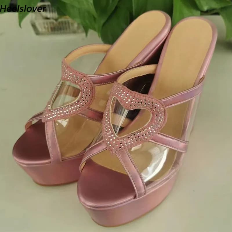 Ahhlsion Handmade Women Transparent Mules Sandals Wedges Heels Open Toe Beautiful Pink Party Cosplay Shoes Ladies US Size 5-20