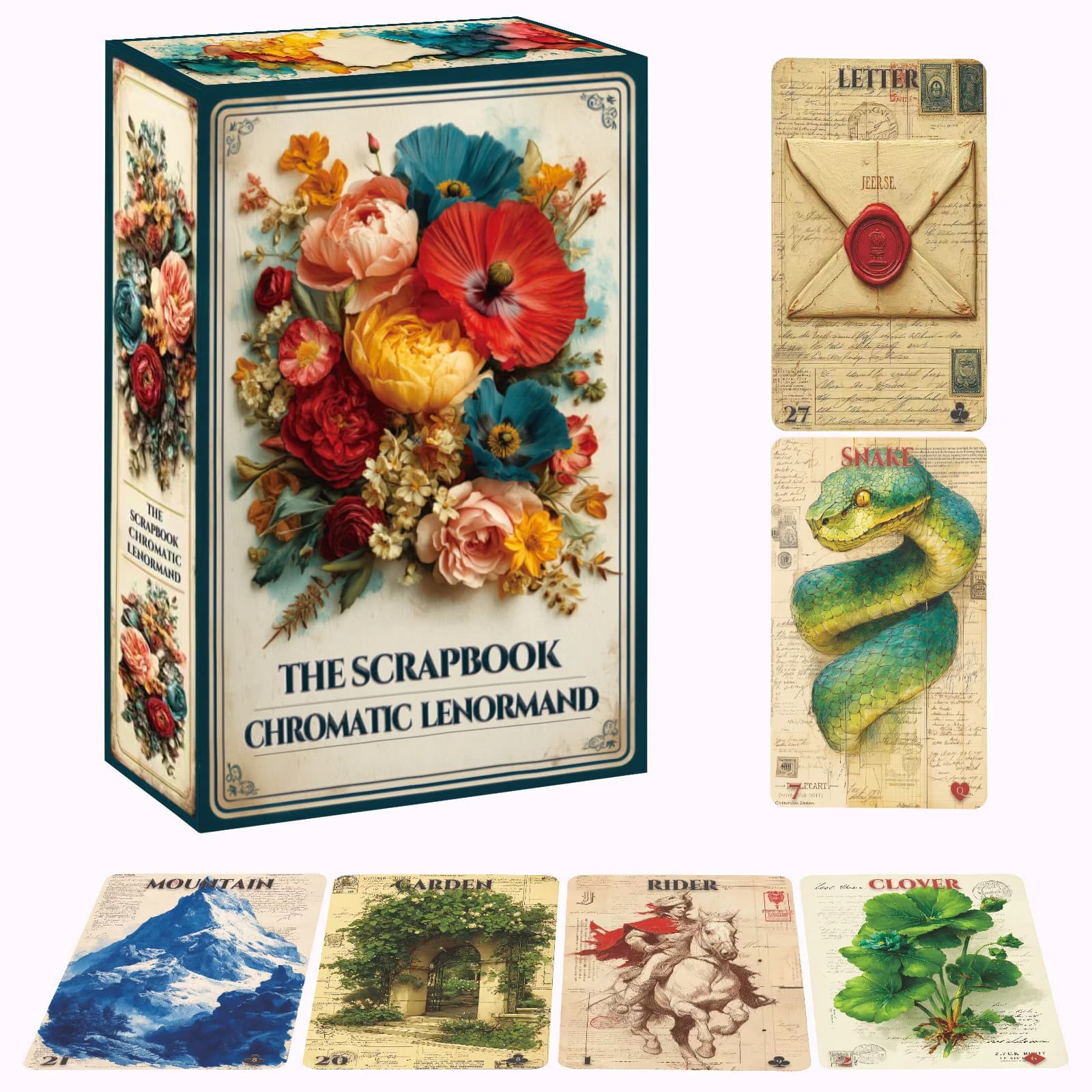 Scrapbook Chromatic Lenormand Deck – Mazzo di 36 carte ispirate al vintage, ideale per principianti, alternativa al tarocchi per uso quotidiano e per la relazione d'amore