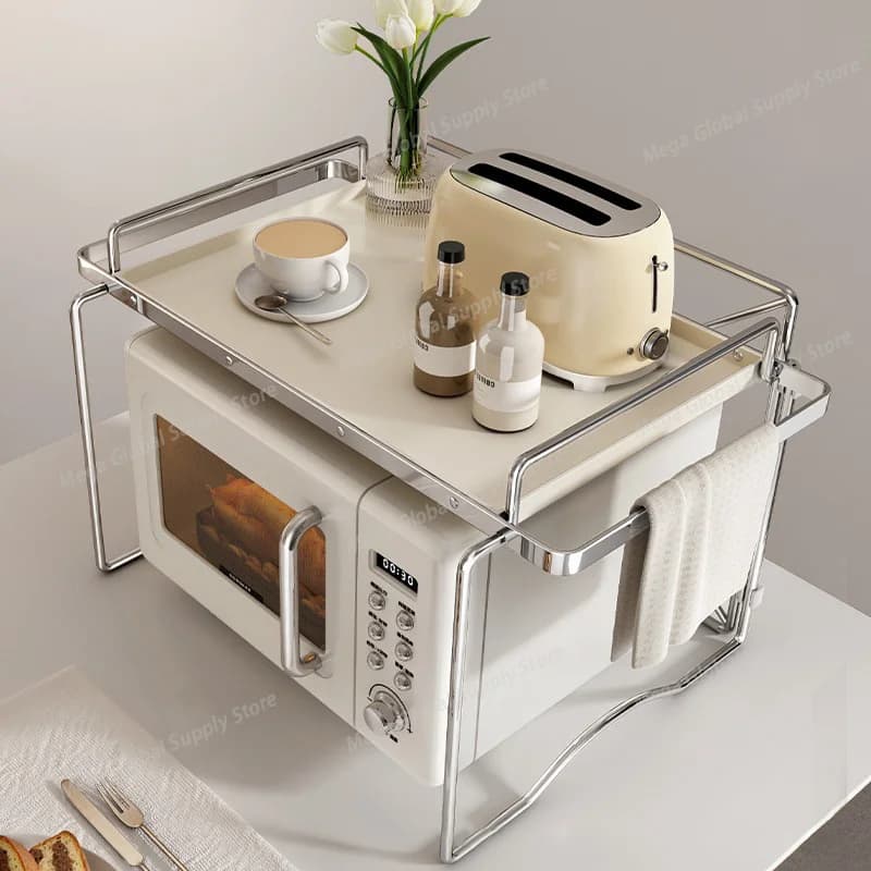 2-layer Microwave Oven Storage Rack Retractable Countertop Gadget Set Floor Stand Kitchen Seasoning Holder Spicy Organizer Shelf