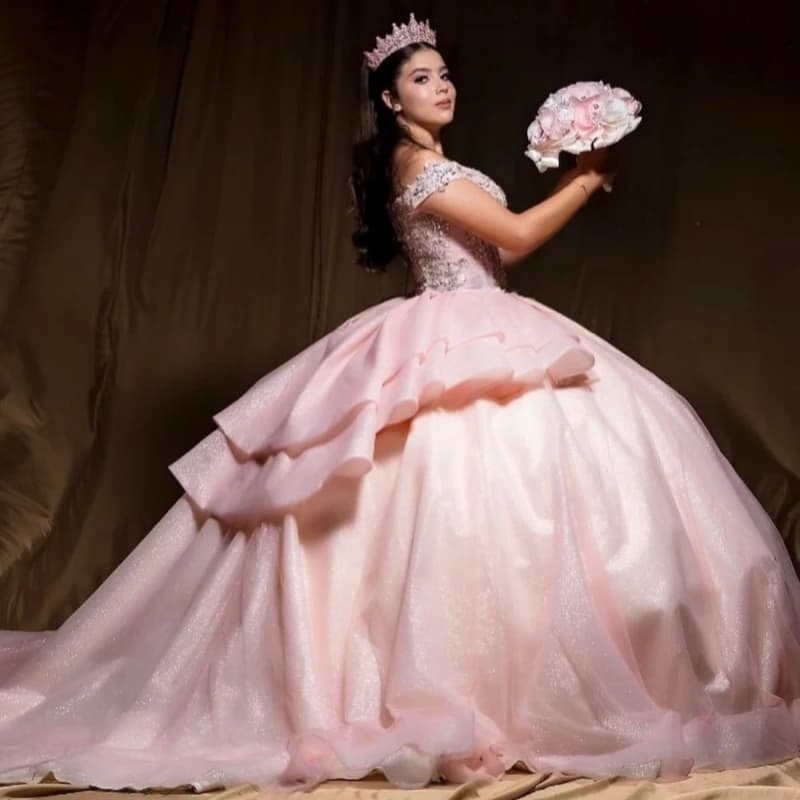 Abiti rosa brillanti per Quinceanera con perline e corsetto in cristallo, abito da principessa in tulle con spalle scoperte, vestito per i 16 anni, Vestidos 15 De Anos