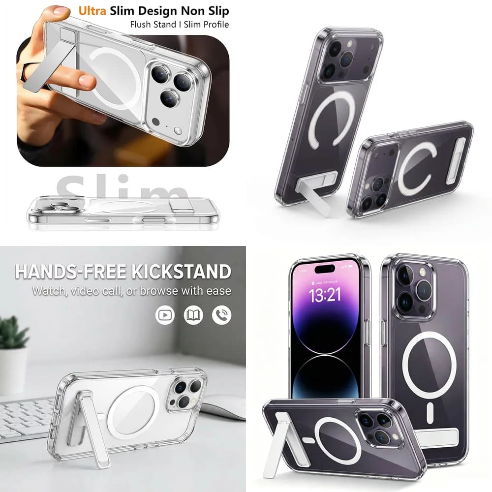 Clear Magnetic Back Cover Adjustable Kickstand Anti-Fingerprint HD Transparent for iPhone 16 17 15 14 Plus 13 mini 12 11 Pro Max