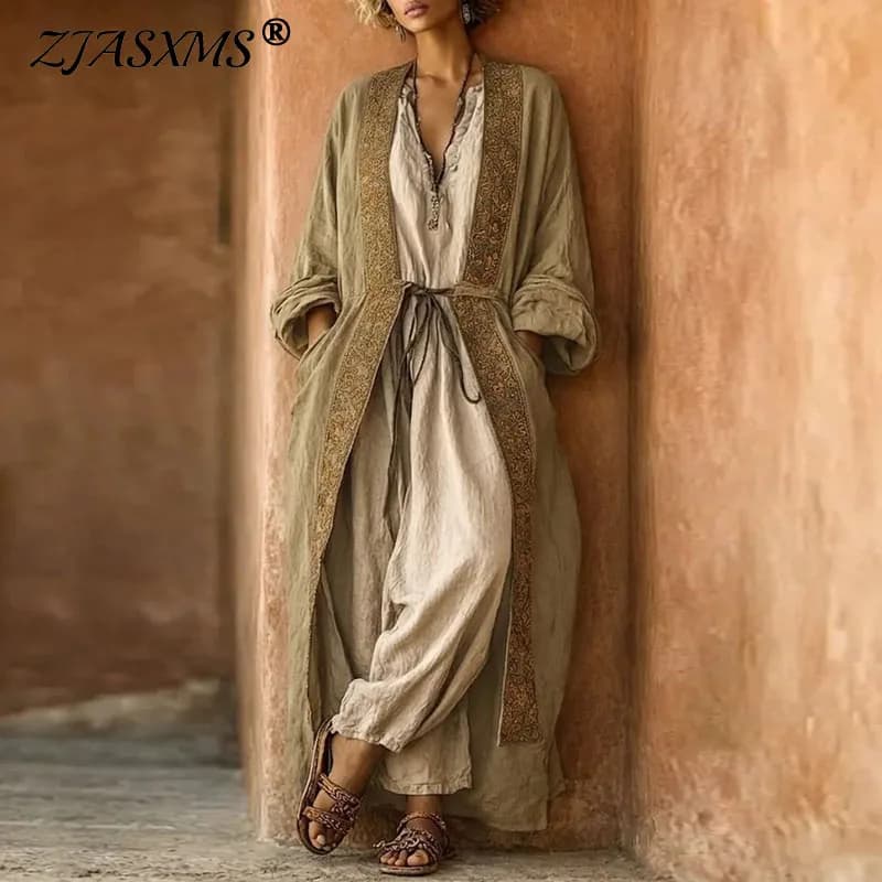 Ethnic Boho Long Sleeve 2‑Piece Suit Women Lace Up Belted Maxi Outerwear & Jumpsuit Set Retro Beach Vacation Casual Daily Outfit