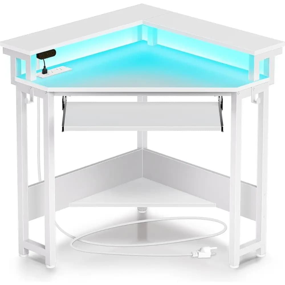 Scrivania, 113 cm L x 88 cm H, Piccola Scrivania per Computer con Prese di Corrente, Scrivania da Gaming con Luci LED, Tavolo Elettronico con Vassoio per Tastiera e Monitor