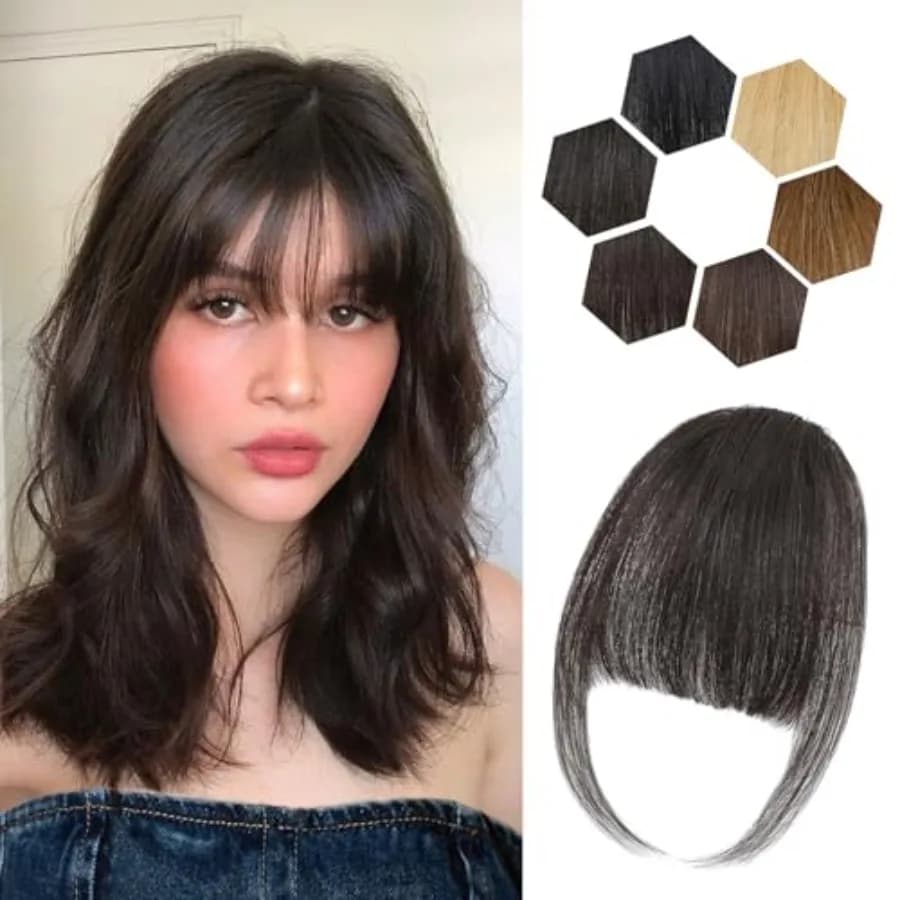 Clip in Bangs for Women - 100% Real Human Hair Wispy Bangs Hair Clip with Temples Hairpieces Fake Bangs for Daily Wear Brown Bl