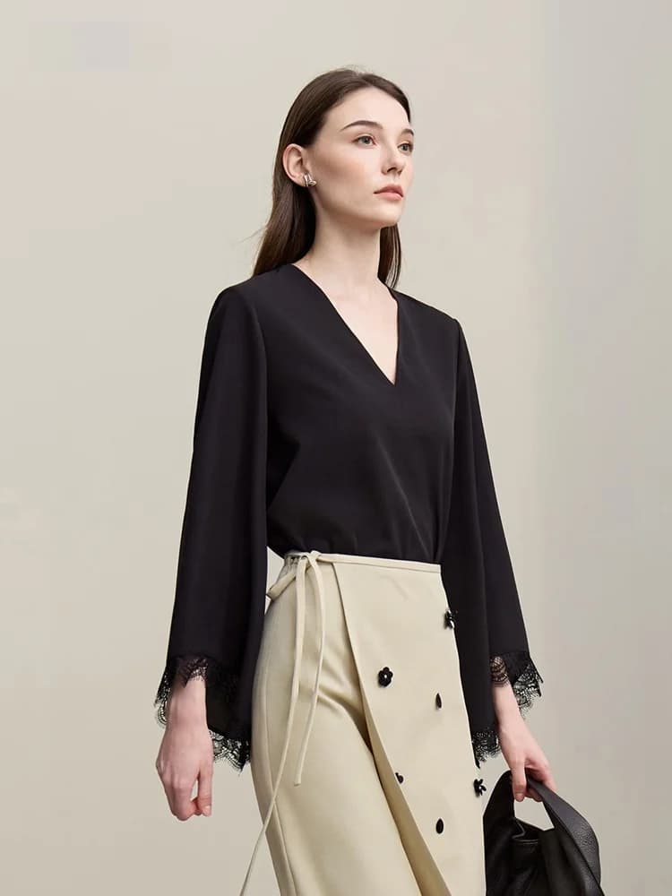 i Spring New Sle Pure Color V-Ne Allentato Sve Lace Trim Top in chiffon Camicetta eterea da donna a forma di fata Lunga Sve Pol...