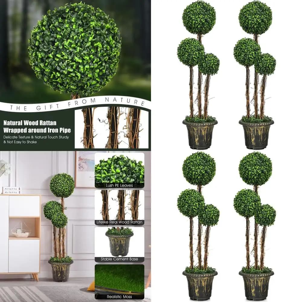 Pair of Artificial Trees by Bosso with Design at Triple Ball, Green Plants in Plastic Vases Filled with Cement for Home and Office