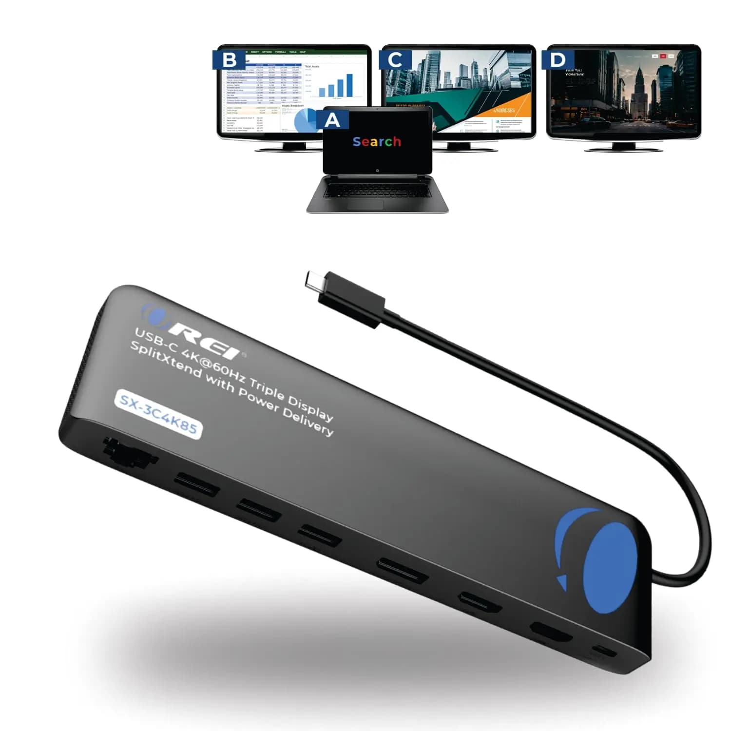 Docking Station per Tre Monitor 4K con USB-C a HDMI, 100W PD, 4 Porte USB per Windows e Mac