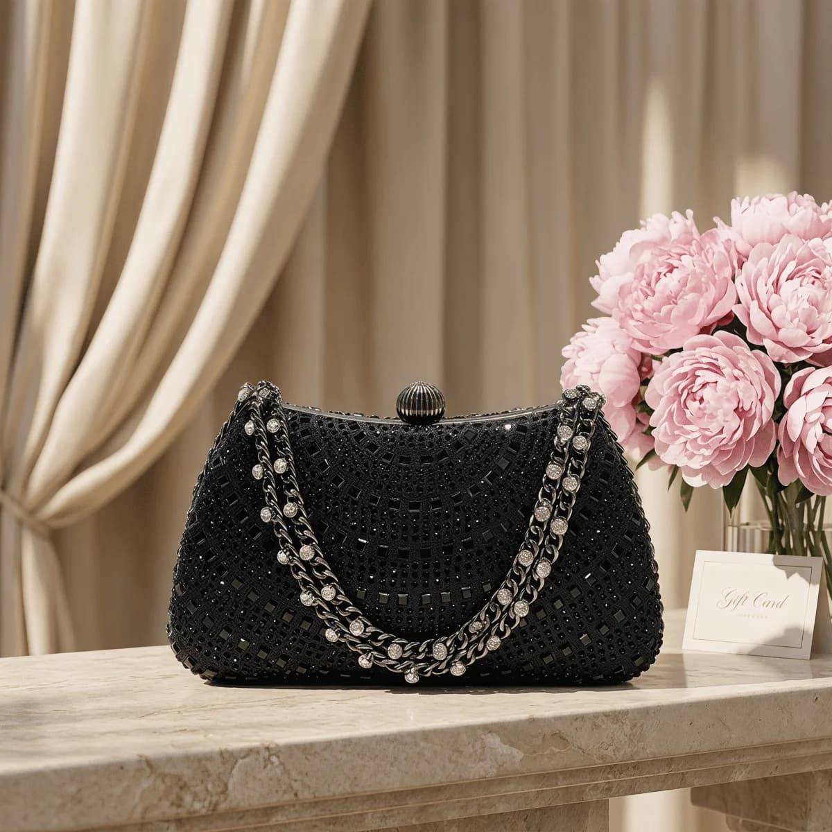 Black Rhinestone Clutch Bag With Chain Strap For Women Party Evening Handbag
