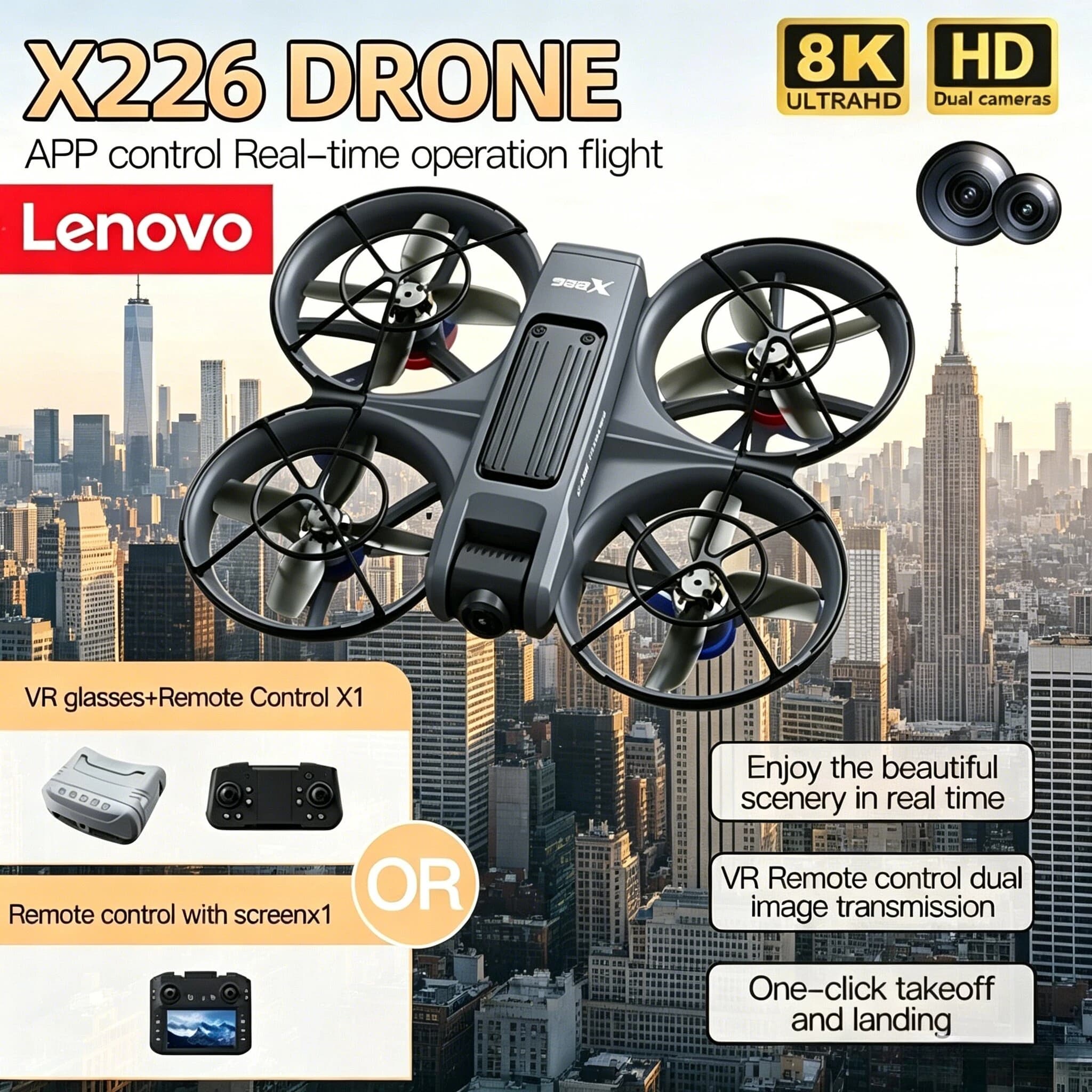 Drone Lenovo X226 X226VR con Telecamera 8K HD e Telecomando con Schermo, Quadricottero Pieghevole RC per Bambini e Adulti