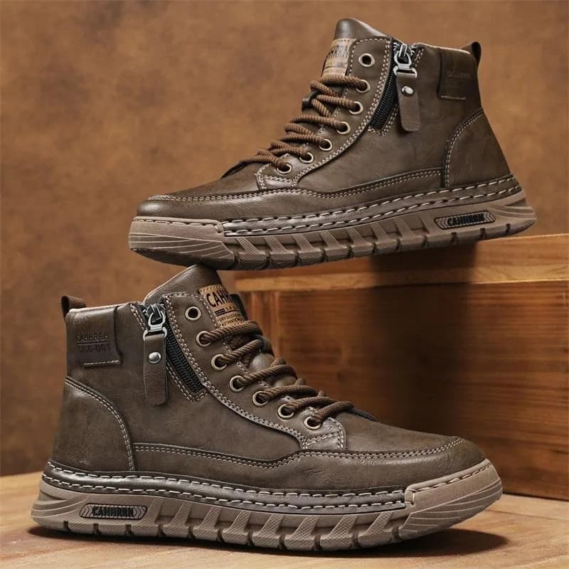 Men Leather High Top Ankle Boots Spring Winter Man Motorcycle Boots Non Slip Comfort Outdoor Trekking Shoes Walking Botas Hombre