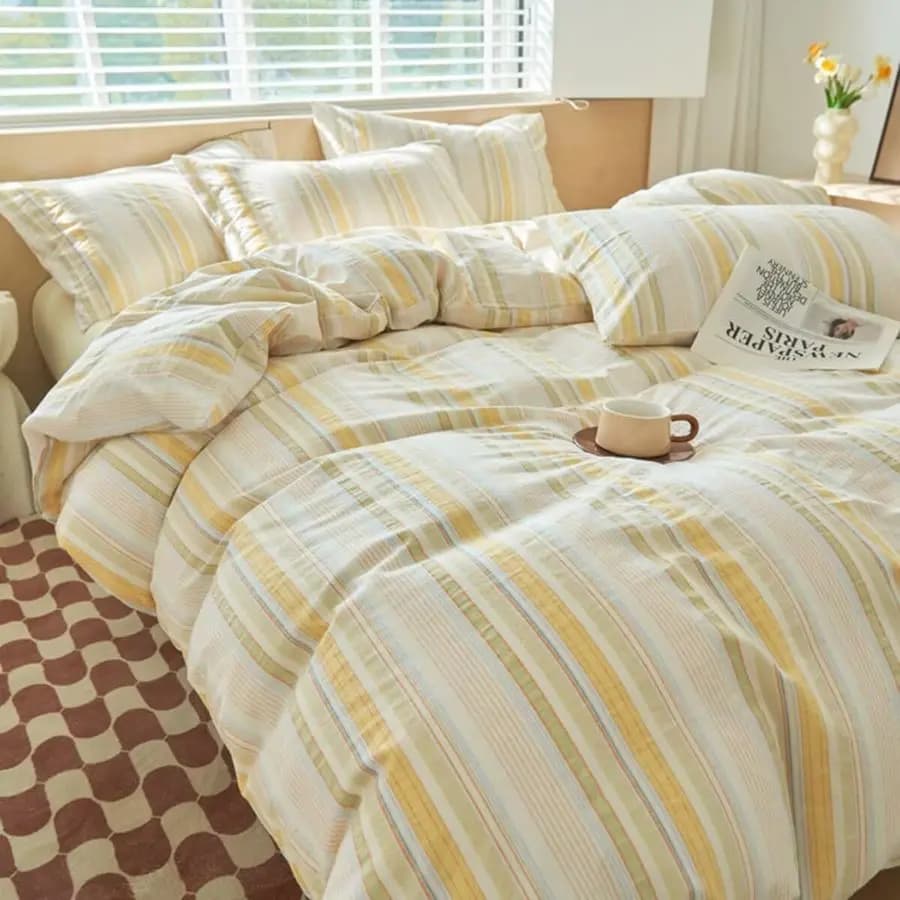 Queen Size Yellow Waist Set, 100% Washed Cotton, Colorful Waist Pattern Cover, 3 Piece Modern Set