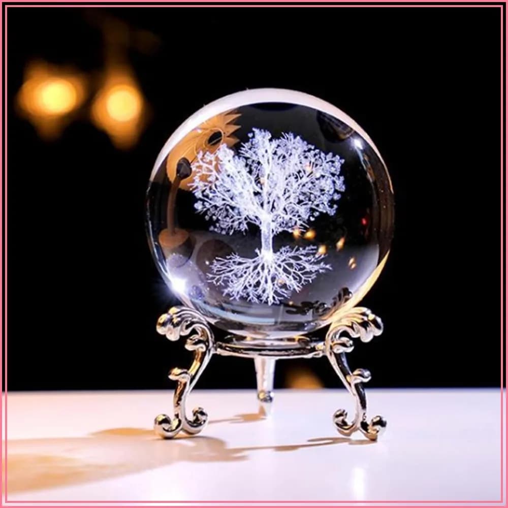 60mm Tree of Life Crystal Ball with Stand, 3D Laser Engraved Glass Sphere Paperweight for Home Decor