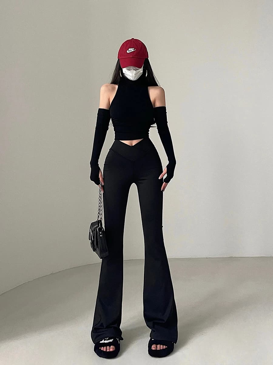 Pantaloni Casual a Vita Alta con Scollo a V, Aderenti e Modellanti, Gamba Lunga e Drappeggiata, Pantaloni Lunghi Femminili alla Moda