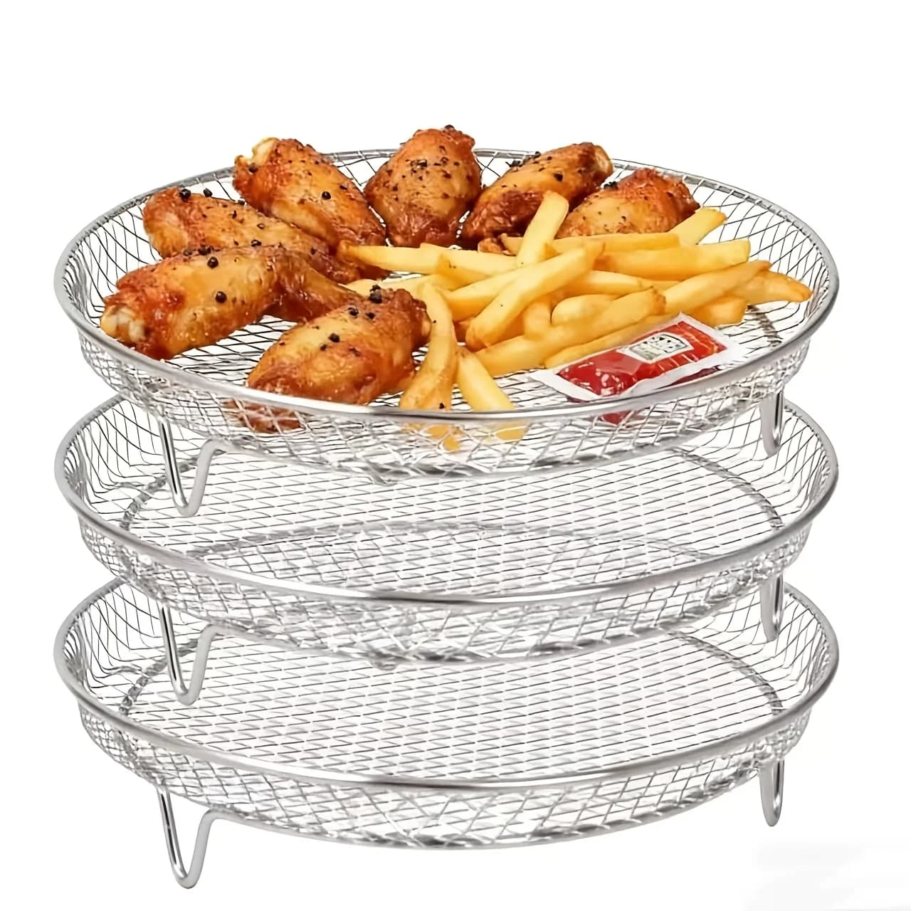 Round air fryer rack set, multi-purpose stainless steel dehydrator, air fryer grill for grilling French fries and fried chicken