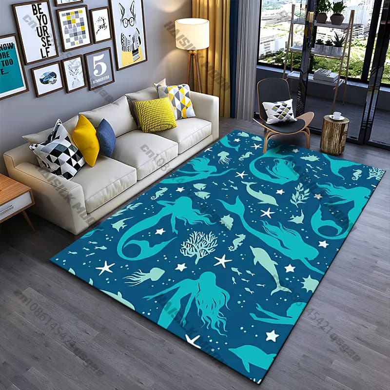Tappeto con sirene subacquee e creature oceaniche, tappeto da yoga, decorazione per soggiorno, tappetino per bambini, zerbino, tappeto per area gioco