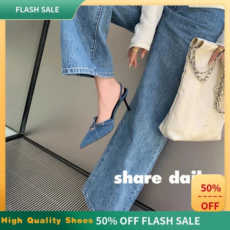 Women Denim Sheep Leather Slingback Pumps Pointed Toe Cross Buckle Thin Stiletto Heel Sheep Lining Summer Sandals F127