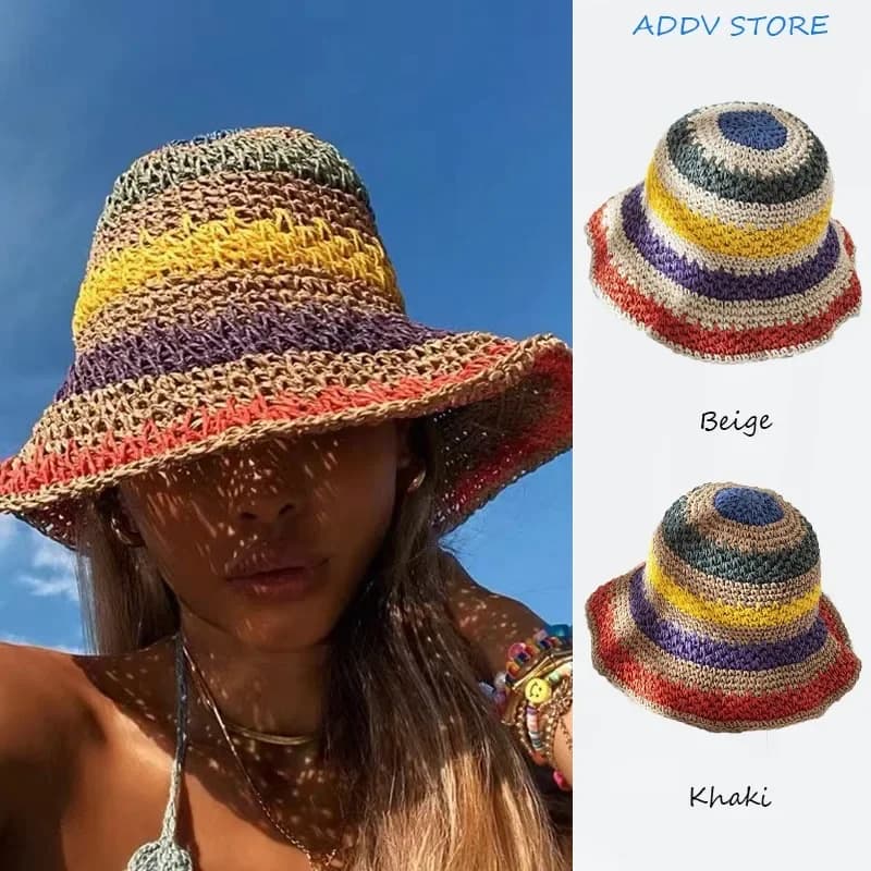 Donna pieghevole Bohemia Arcobaleno Color-blocking Cappello a secchiello Stile Hyuna Uncinetto Tessuto Cappelli a secchiello per protezione solare al mare