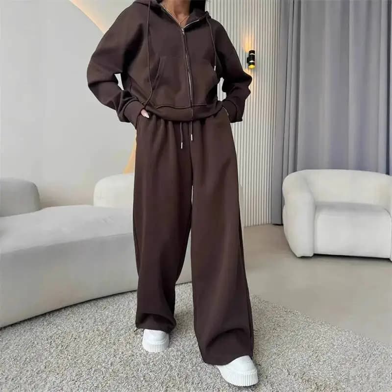 Felpe con cappuccio in cotone Felpa Abito a due pezzi Donna Sport casual Autunno Zip-Up Cappotto corto Pantaloni dritti Set da 2 pezzi larghi
