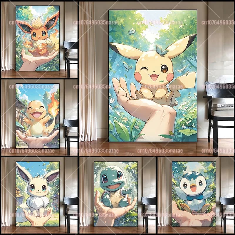 Pokemon Pikachu Charmander Bulbasaur Bulbasaur Squirtle Poster Art HD Canvas Painting Home Living Room Wall Children's Gift