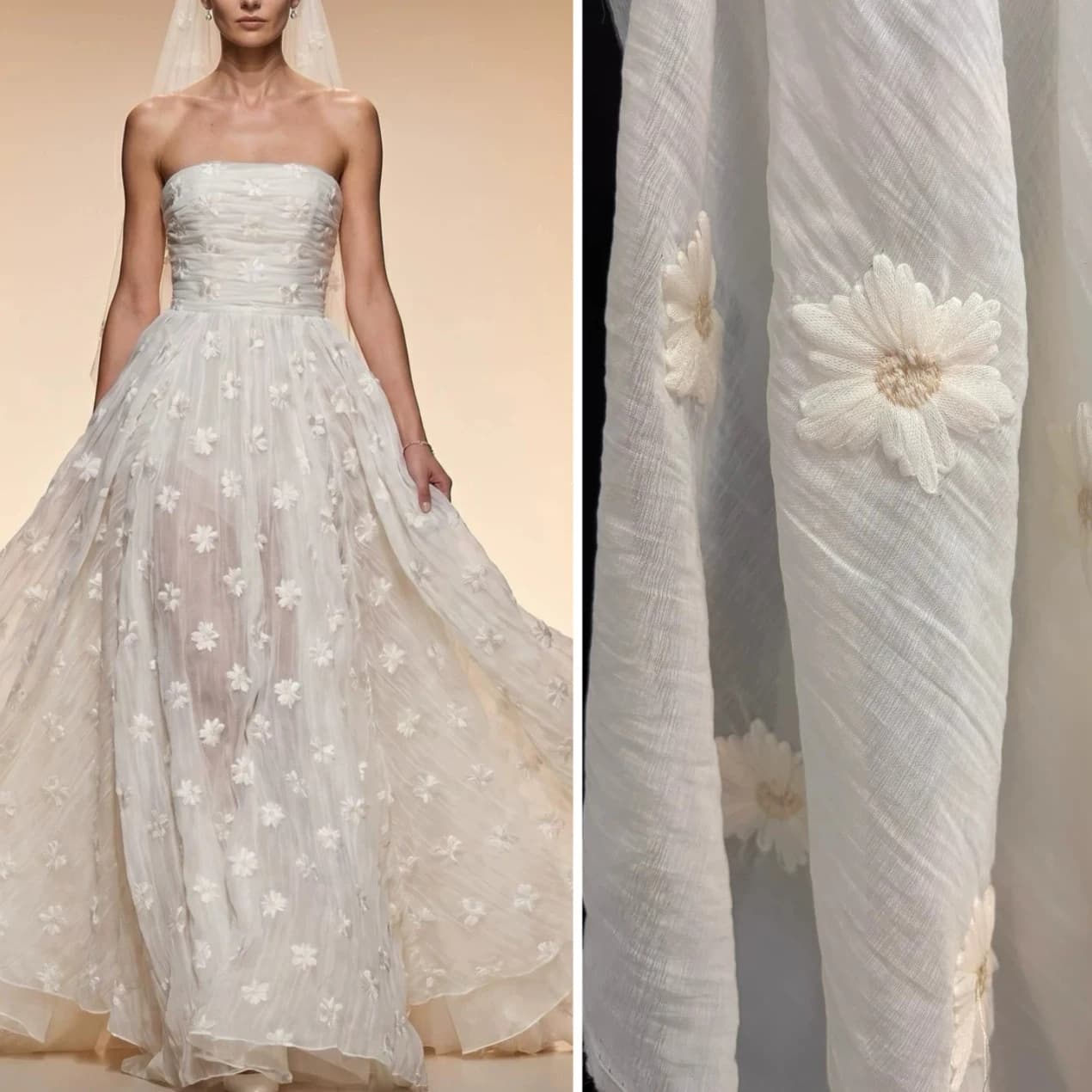 1yard Chiffon yarn micro pleated daisy embroidery matirial fabric for dress,Wedding and evening gowns Designer fabric