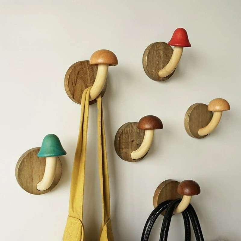1/4 pezzi Ganci multiuso in legno a forma di fungo, appendiabiti, appendi-cappelli, appendiabiti da bagno, gancio autoadesivo a vite per decorazione murale e organizzazione domestica
