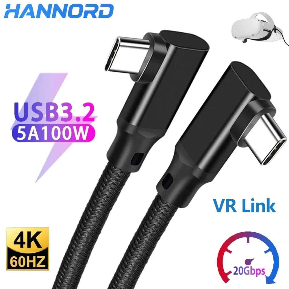 Hannord USB 3.2 Gen2 20Gbps Type C Data VR Link Cable USB C 4K@60Hz Video 90 Degrees 100W PD fast Charging for MacBook Quest