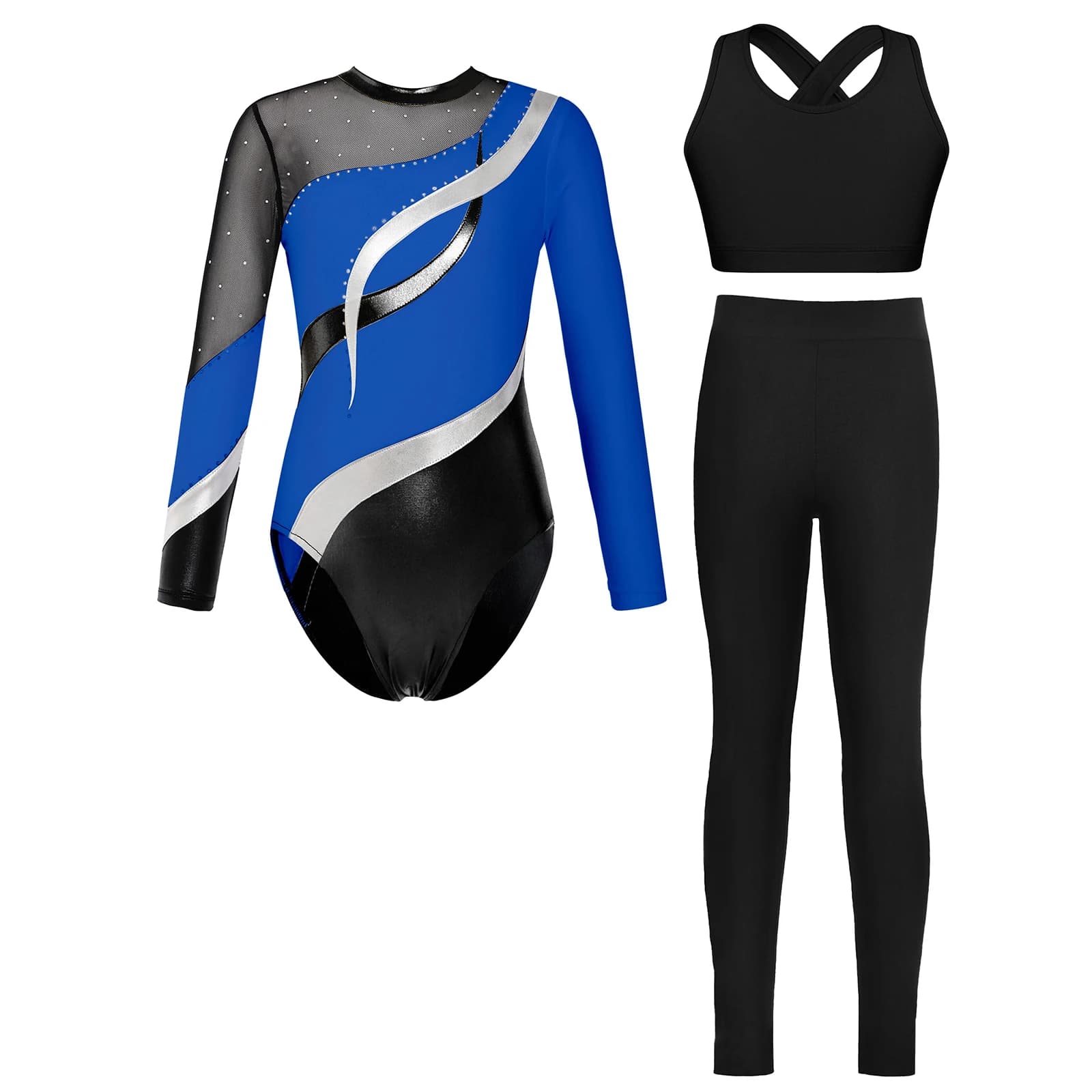 Bambini Ragazze Ginnastica Pattinaggio di Figura Vestito da Spettacolo di Danza Manica Lunga Maglia Patchwork Lucido Strass Body + Vest + Leggings