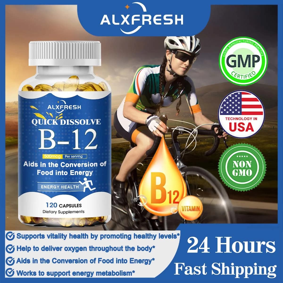 Vitamin B12 Capsules Supplement for Mind and Energy Brain Mood Heart Supports Nervous System and Metabolism Non-GMO